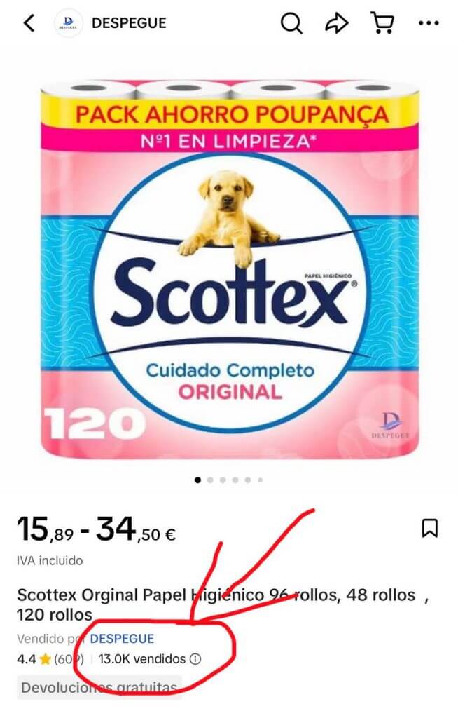 Captura de pantalla de TikTok Shop mostrando más de 13.000 ventas de papel higiénico Scottex Original