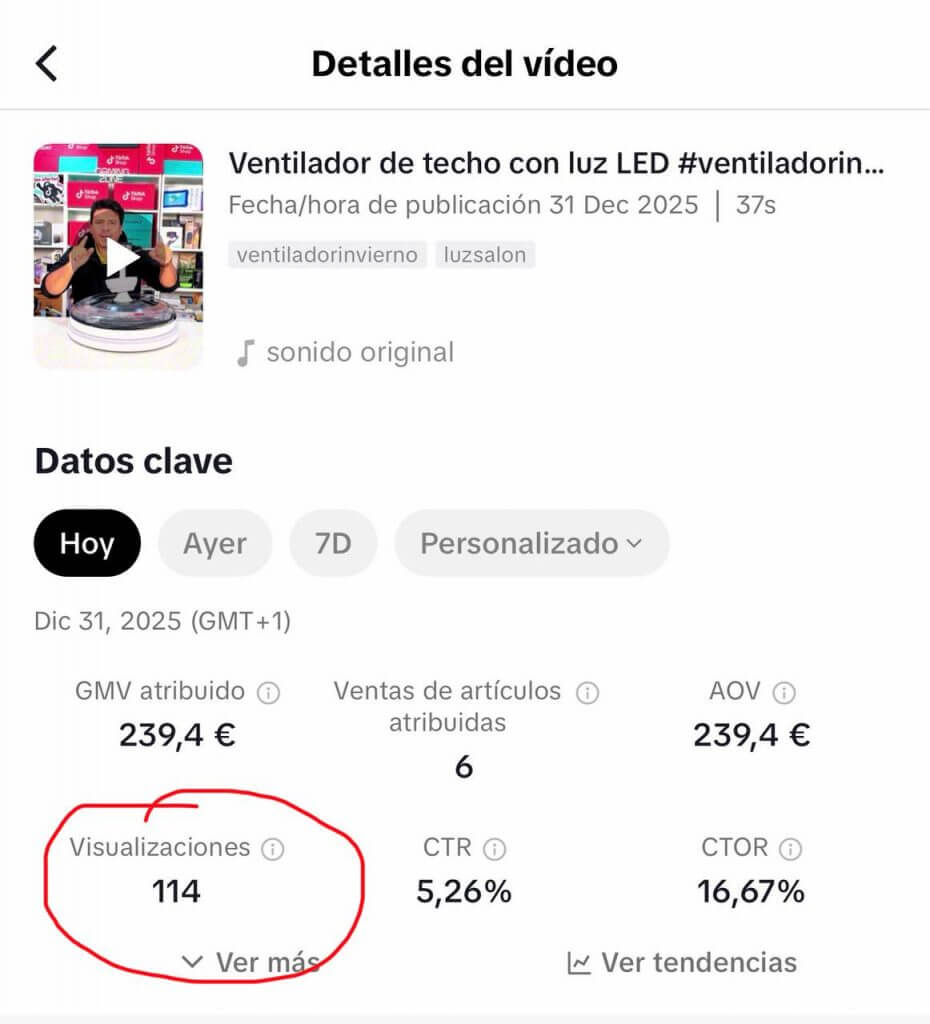 Panel de control TikTok Shop mostrando 239 euros de facturación con 114 visitas vendiendo ventiladores en invierno con Metodo CVD