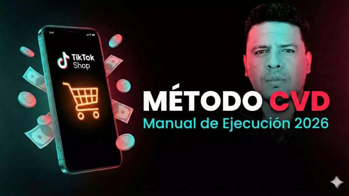 Portada del ebook Método CVD de Posonty: Manual de Ejecución 2026 para creadores de TikTok Shop con el carrito naranja y billetes representando las ganancias sin ser influencer
