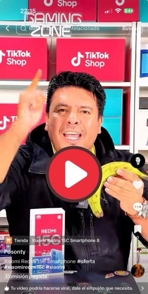 Captura del vídeo final en TikTok Shop mostrando la estrategia del plátano verde para vender el Xiaomi Redmi 15C con el método CVD