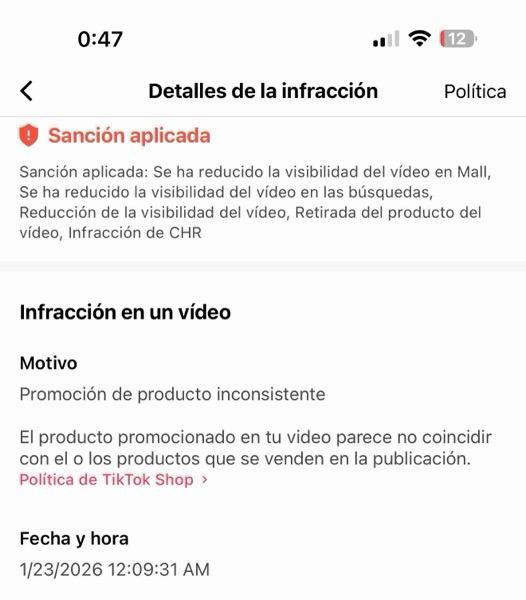 Captura real de sanción en TikTok Shop a Posonty por promoción de producto inconsistente - reducción de visibilidad por no coincidir video y ficha - 23 enero 2026