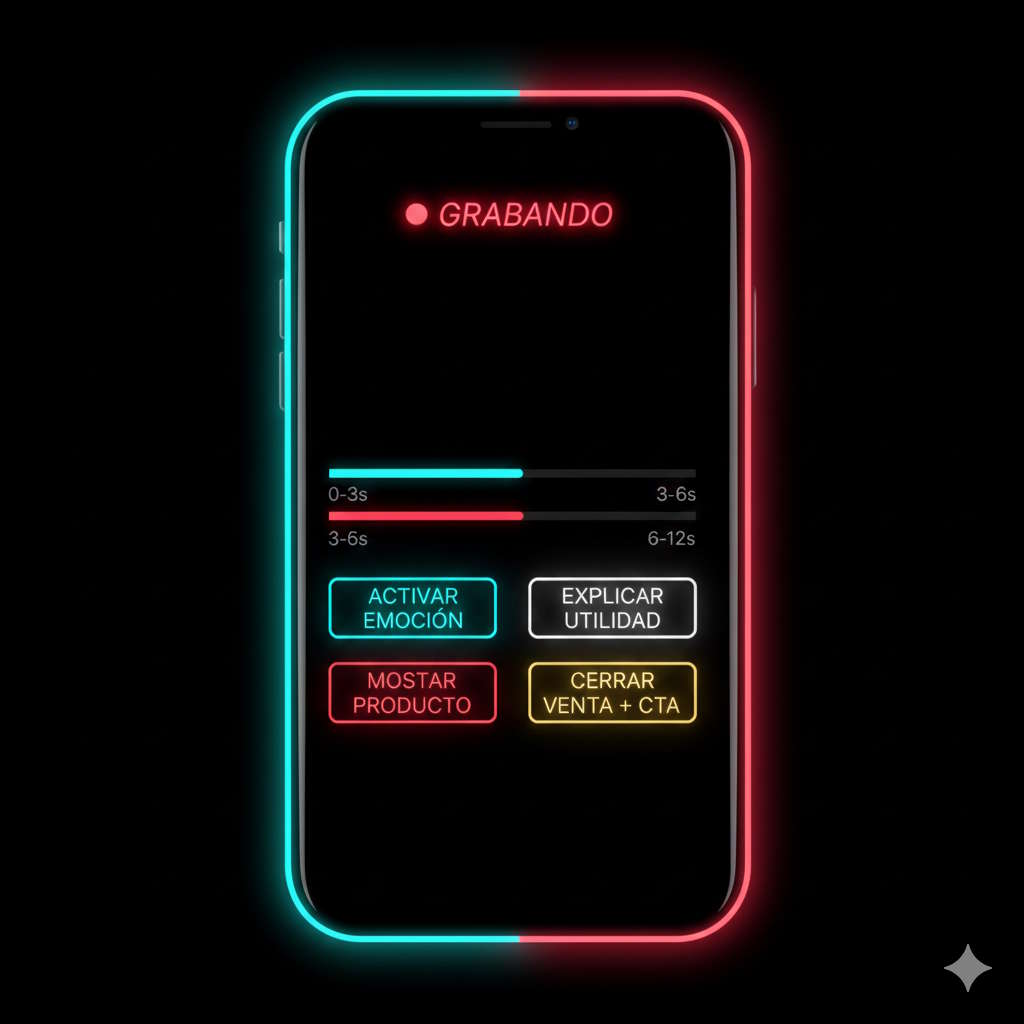Anatomía completa del vídeo de 30 segundos para TikTok Shop con barra de progreso y fases CVD
