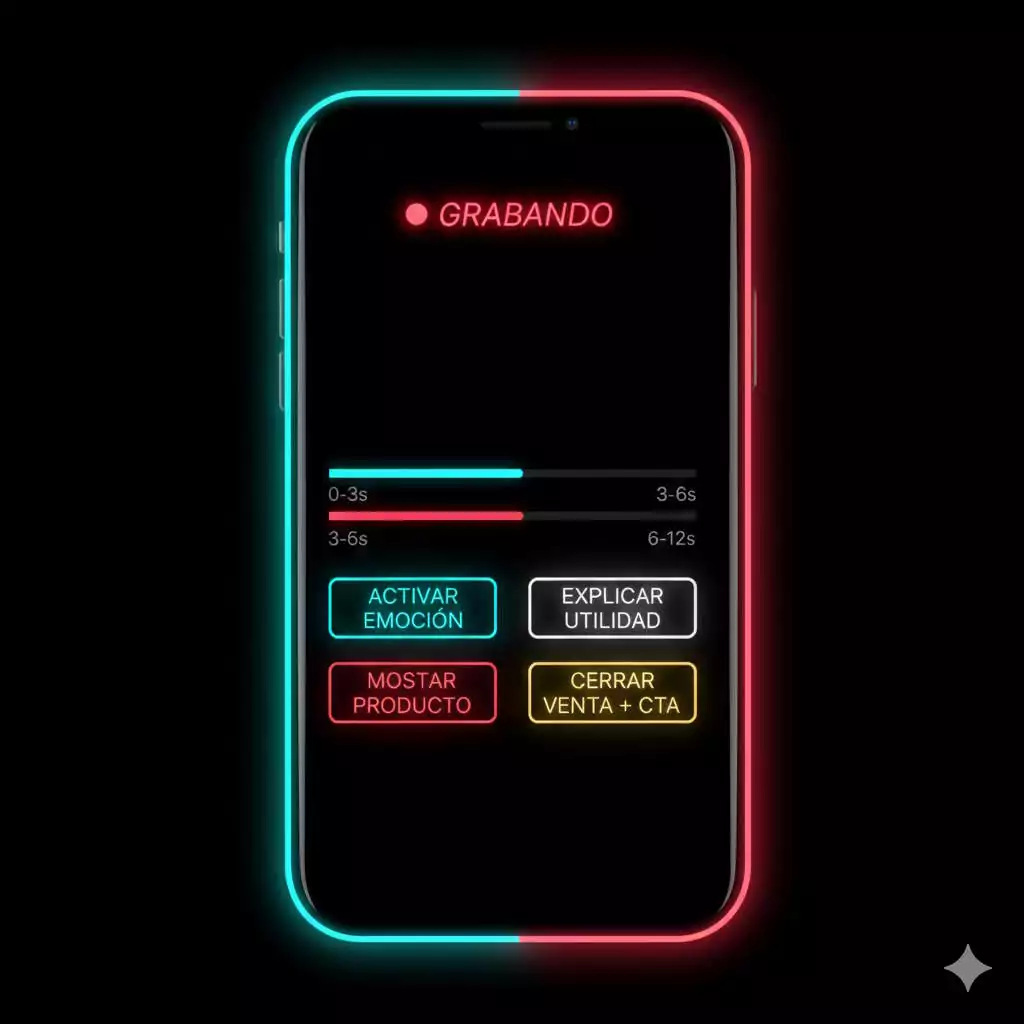 Anatomía completa del vídeo de 30 segundos para TikTok Shop con barra de progreso y fases CVD
