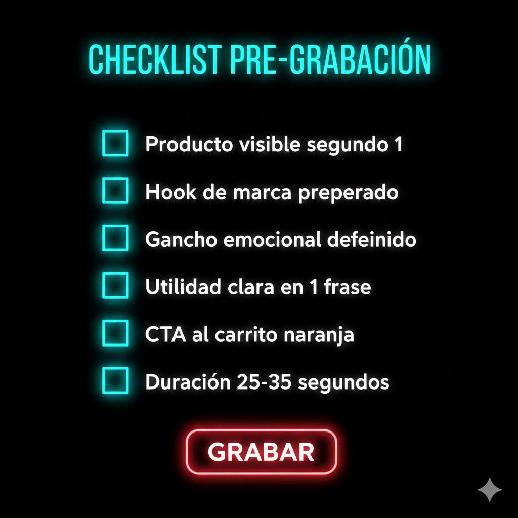 Checklist de pre-grabación para vídeos de venta en TikTok Shop siguiendo estructura CVD