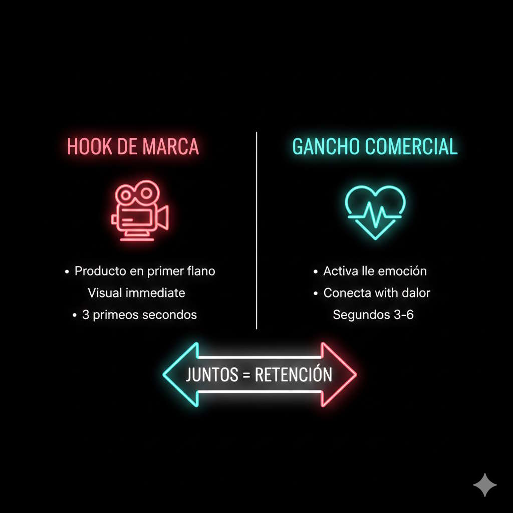 Comparativa visual hook de marca versus gancho comercial en estructura de vídeo TikTok Shop método CVD
