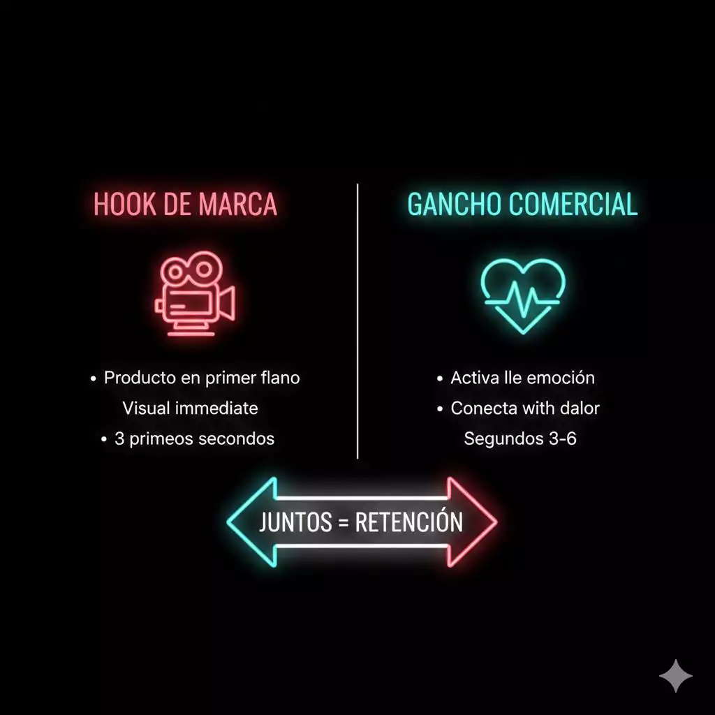 Comparativa visual hook de marca versus gancho comercial en estructura de vídeo TikTok Shop método CVD