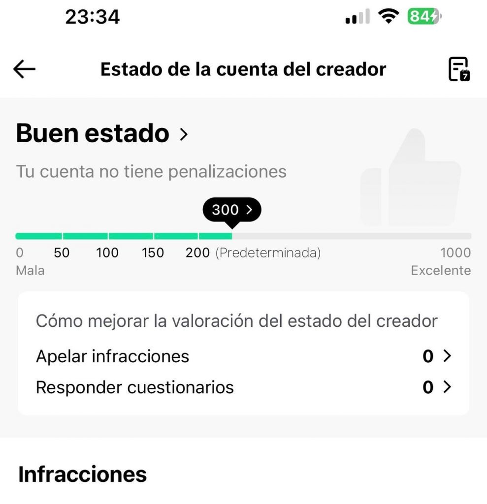 Estado de cuenta TikTok Shop perfecto sin infracciones