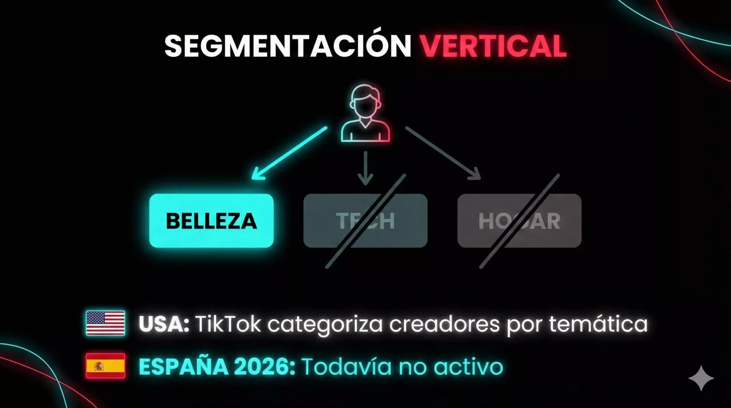 Explicación visual de la segmentación vertical en TikTok Shop que viene de USA donde la plataforma categoriza creadores por temática y limita productos por nicho