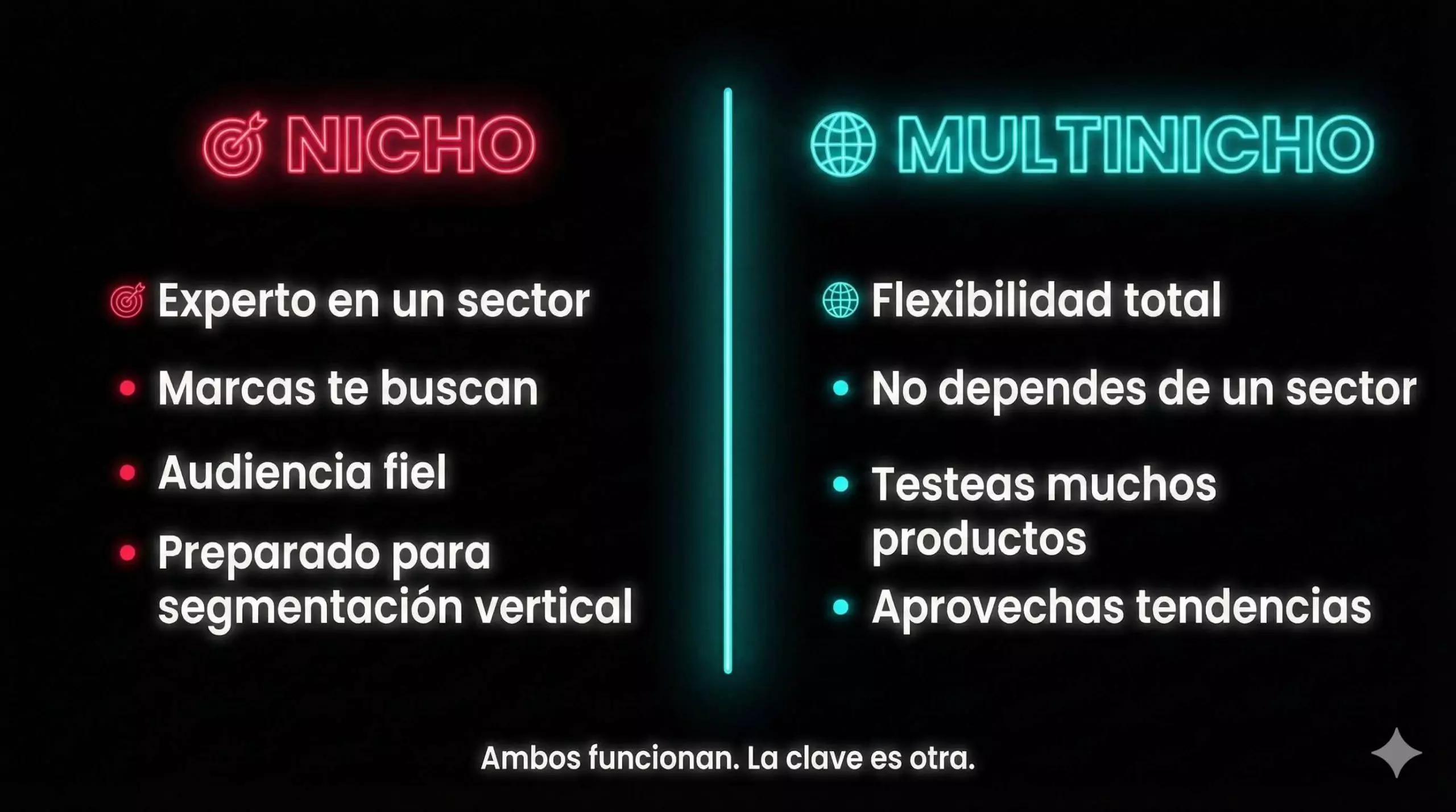Infografía comparativa entre estrategia Nicho y Multinicho para creadores de TikTok Shop mostrando ventajas de cada enfoque
