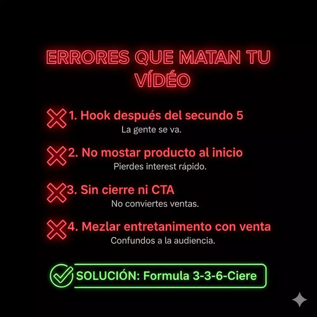Infografía errores comunes en estructura de vídeos TikTok Shop y cómo evitarlos con método CVD