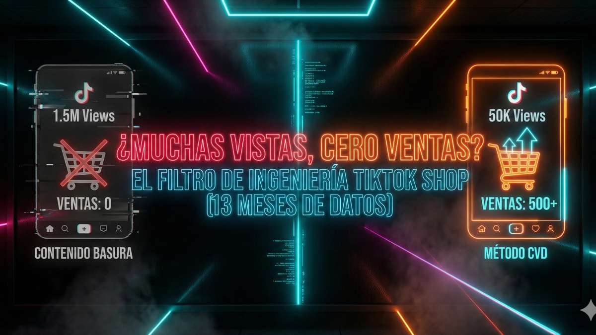 Portada estilo neón tecnológico oscuro para Google Discover. Texto central grande: "¿MUCHAS VISTAS, CERO VENTAS? EL FILTRO DE INGENIERÍA TIKTOK SHOP (13 MESES DE DATOS)". Visualiza una pantalla dividida comparando "Contenido Basura" (muchas vistas, sin ventas) contra el "Método CVD" (ventas efectivas)