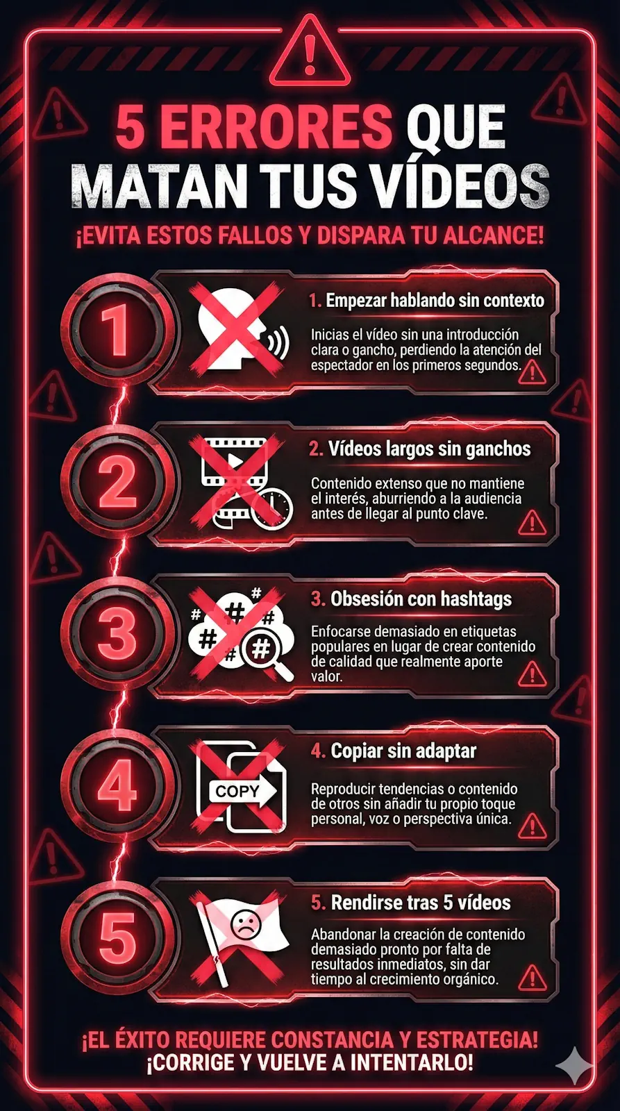 5 errores que matan tus vídeos en TikTok: empezar hablando sin contexto, vídeos largos sin ganchos, obsesión con hashtags, copiar sin adaptar, rendirse pronto