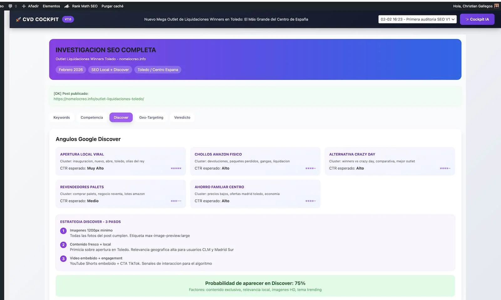 Análisis de probabilidad de Google Discover en el Dashboard SEO Semántico mostrando porcentaje de viabilidad
