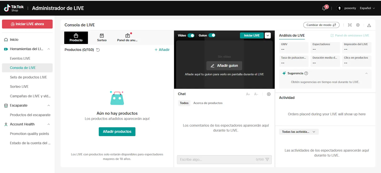 Panel de Administrador de LIVE de TikTok Shop mostrando métricas en tiempo real, productos y chat