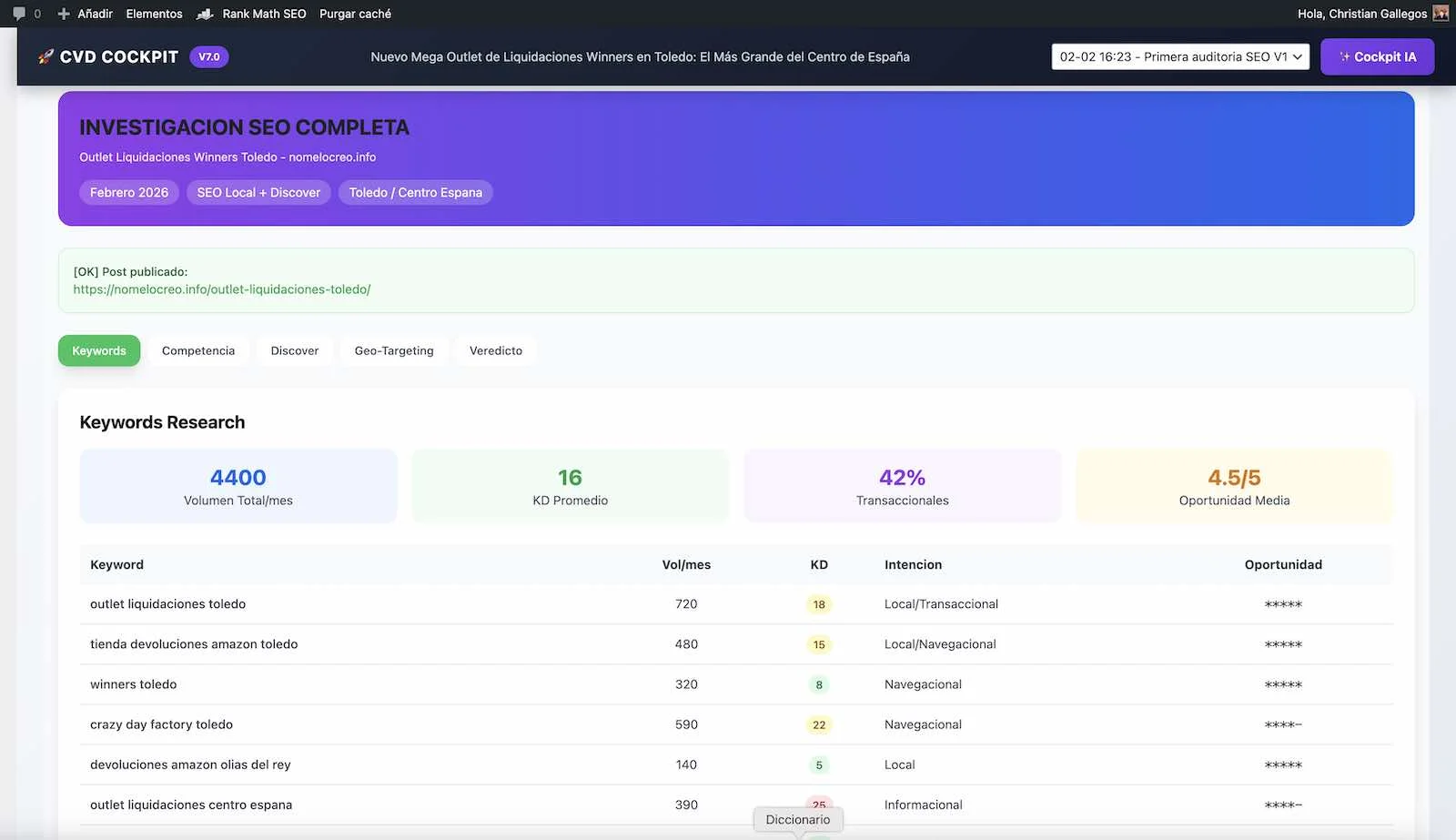 Dashboard SEO Semántico de Posonty mostrando KPIs principales de keywords, volumen de búsqueda y dificultad de posicionamiento