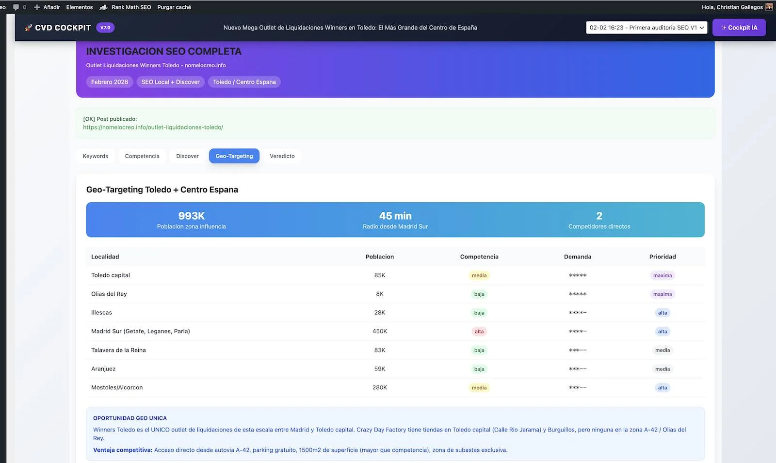 Geo-targeting del Dashboard SEO Semántico mostrando prioridades geográficas para negocios locales