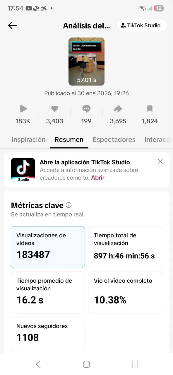 Perfil TikTok nomelocreo.info mostrando vídeo viral de Outlet Liquidaciones Toledo con más de 181.000 reproducciones