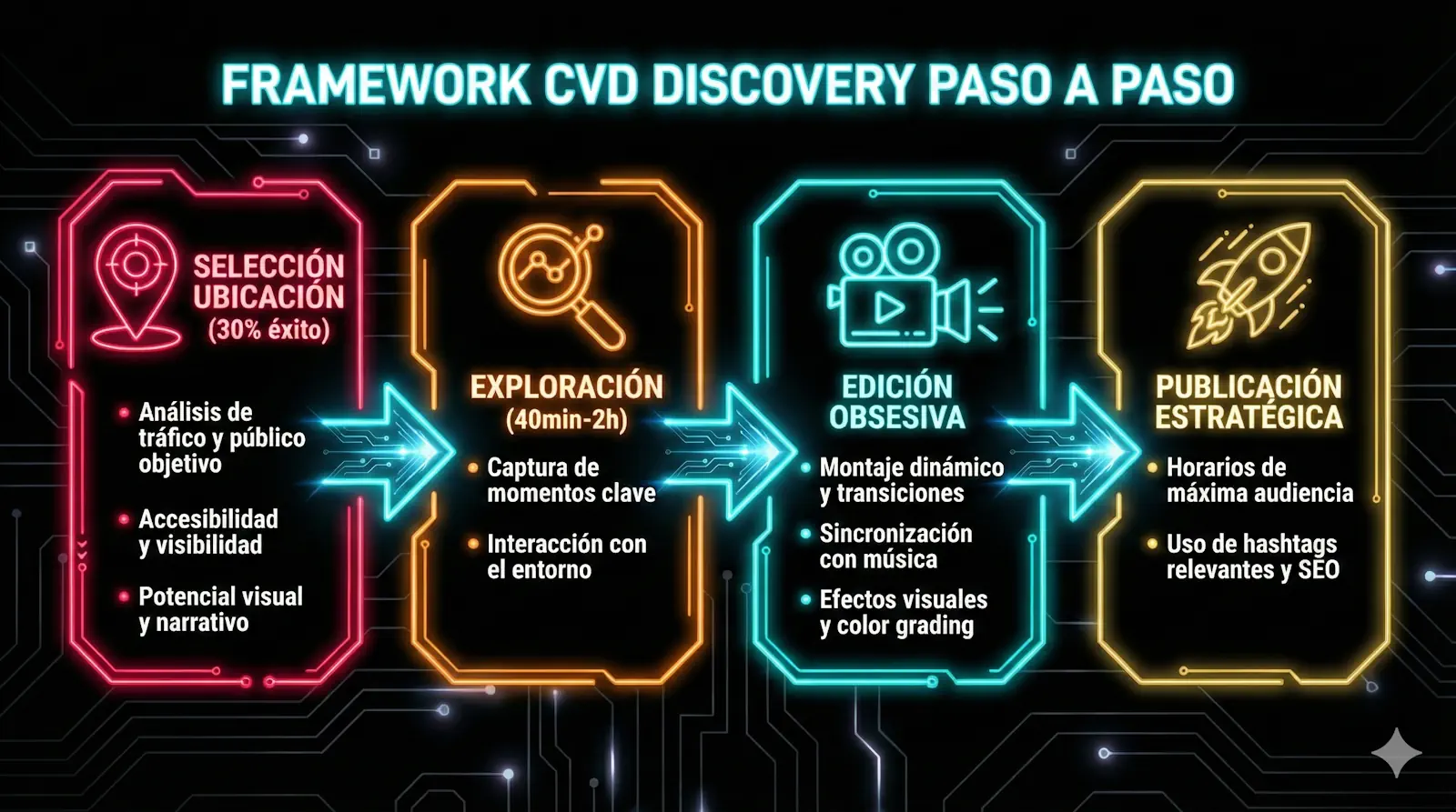 Proceso framework CVD Discovery paso a paso - 4 fases creación contenido viral outlets TikTok