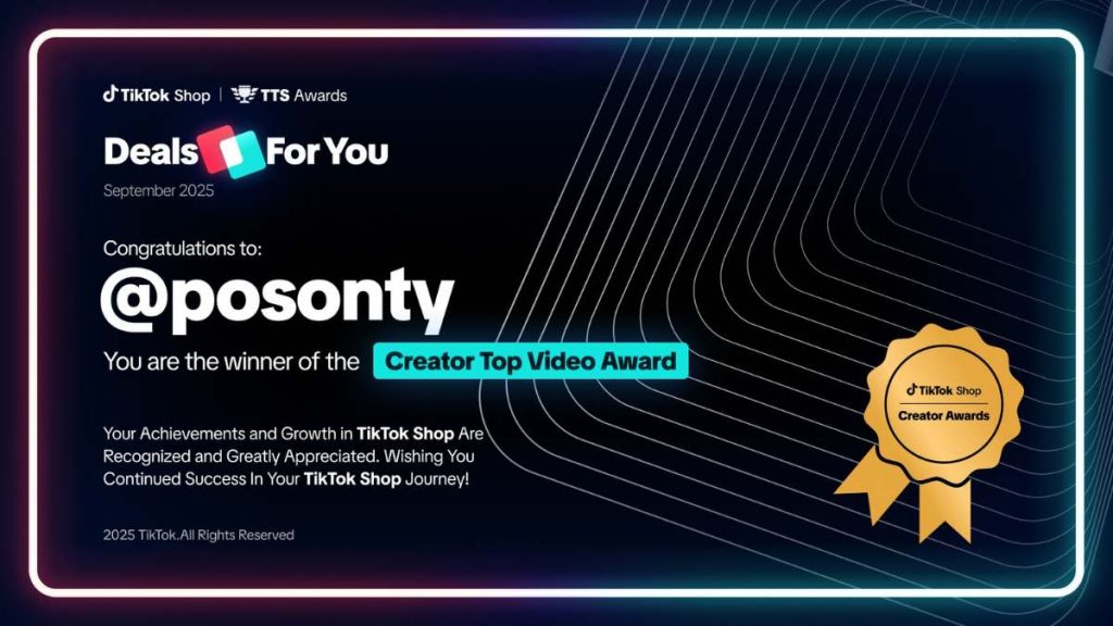Tarjeta de Reconocimiento Oficial de TikTok Shop a Posonty como Top Creador