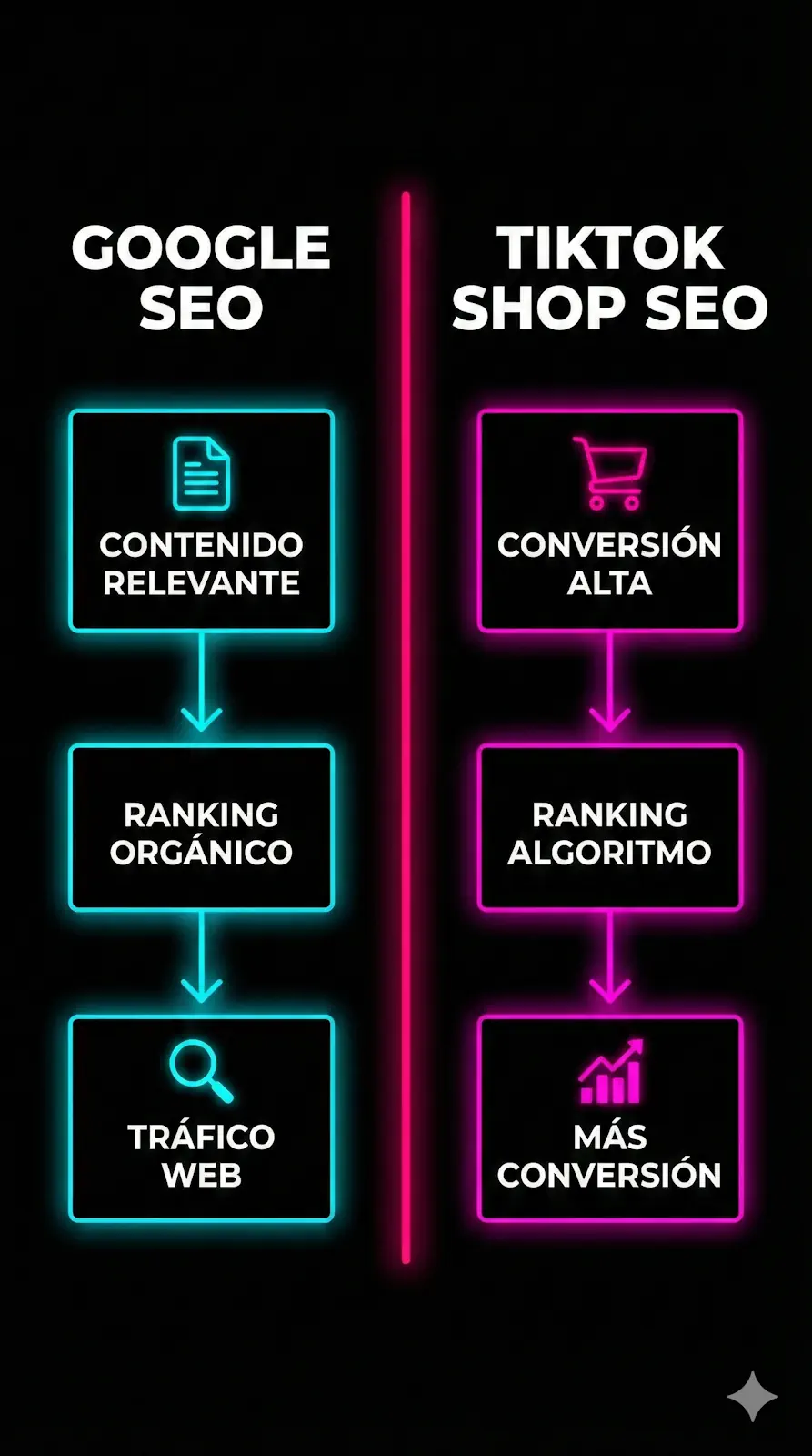Comparativa visual del funcionamiento del SEO en Google versus TikTok Shop: contenido vs conversión
