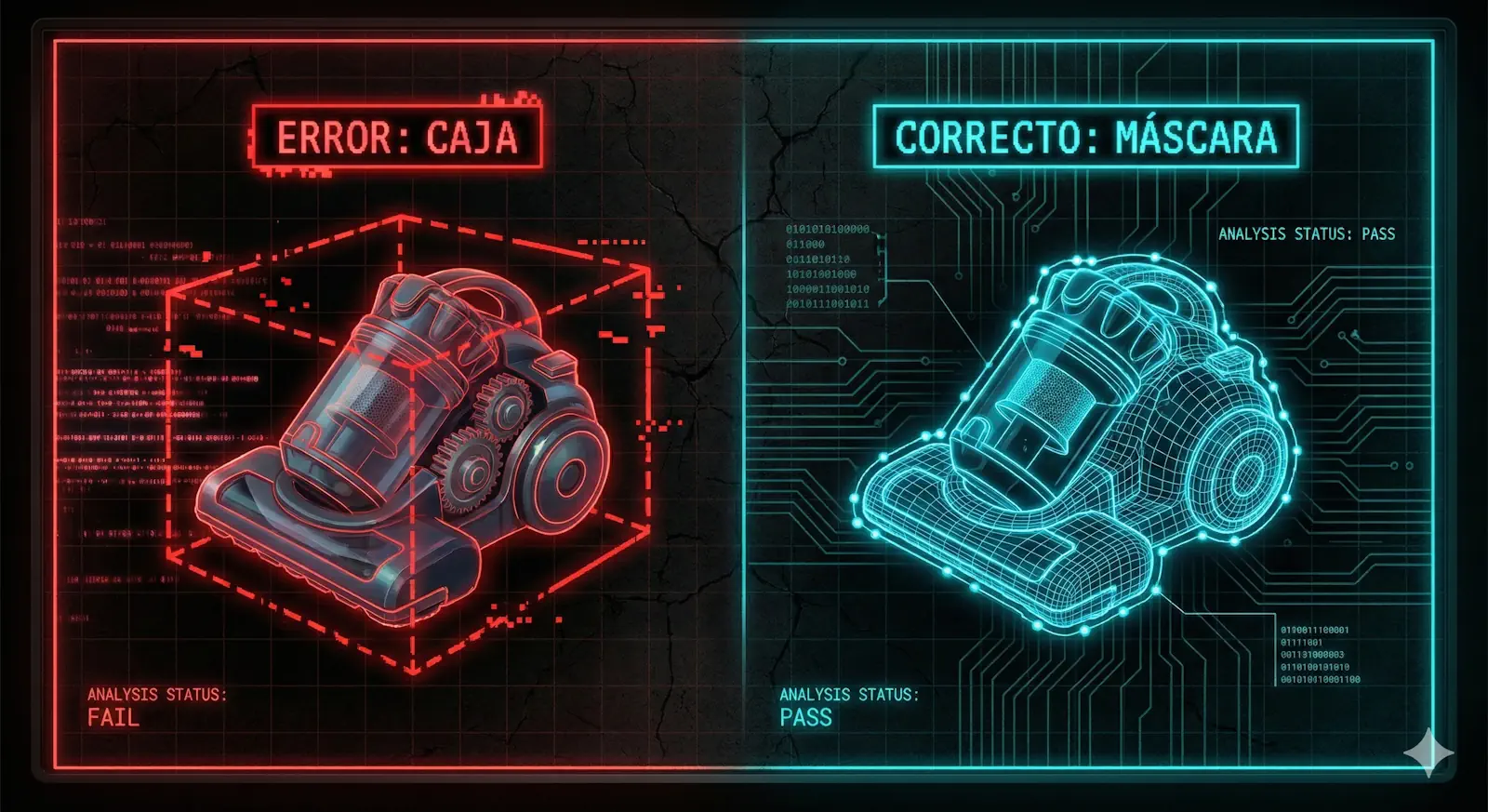Infografía técnica comparando Bounding Box (Error) vs Máscara de Segmentación Semántica (Correcto) según documentación de IBM para visión artificial.