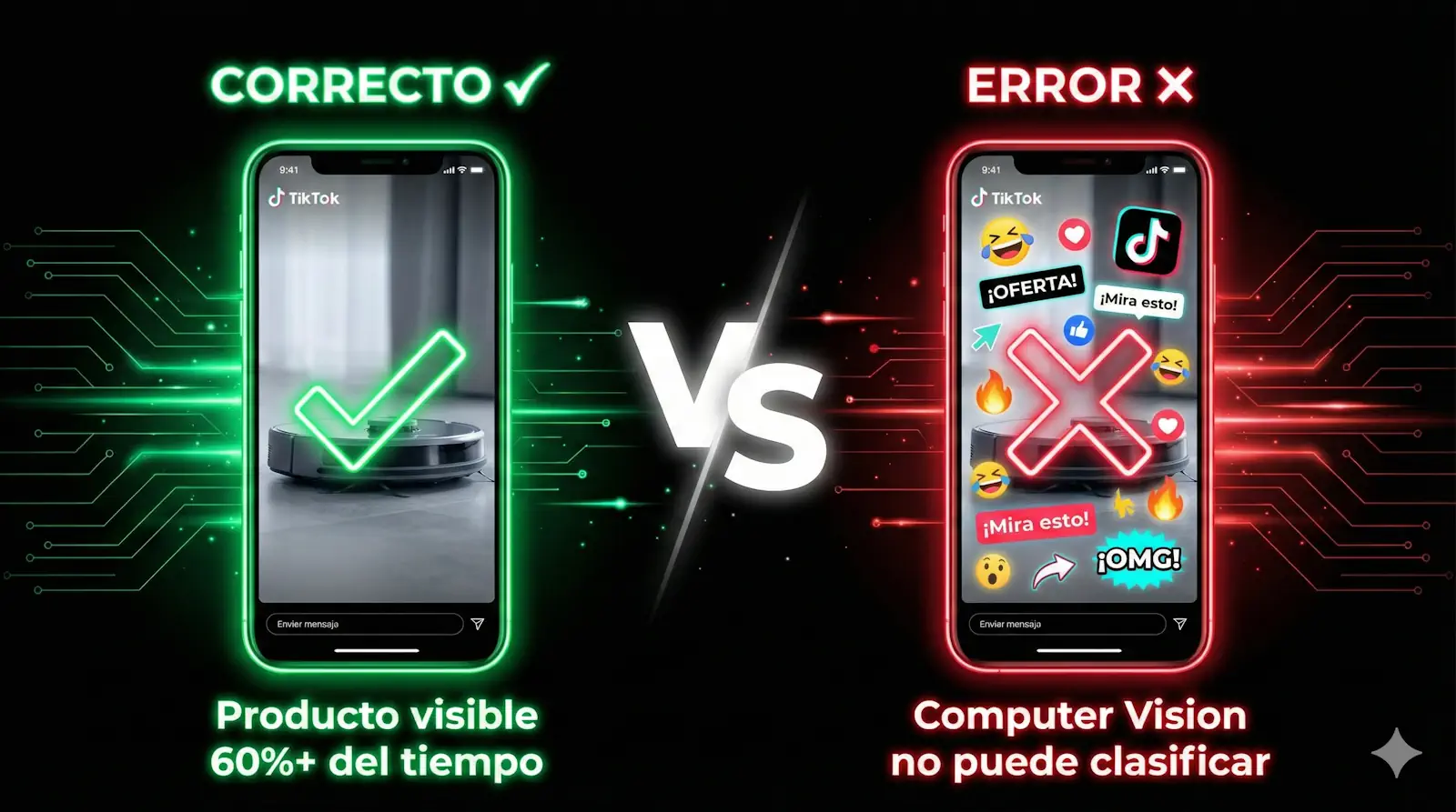 Comparativa visual mostrando un vídeo correcto con producto visible versus un vídeo incorrecto con producto tapado por texto y stickers