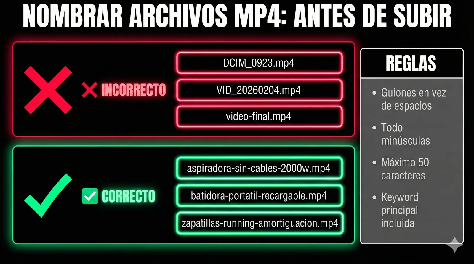 Formato correcto para nombrar archivos MP4 antes de subir a TikTok Shop: estructura producto-característica-beneficio