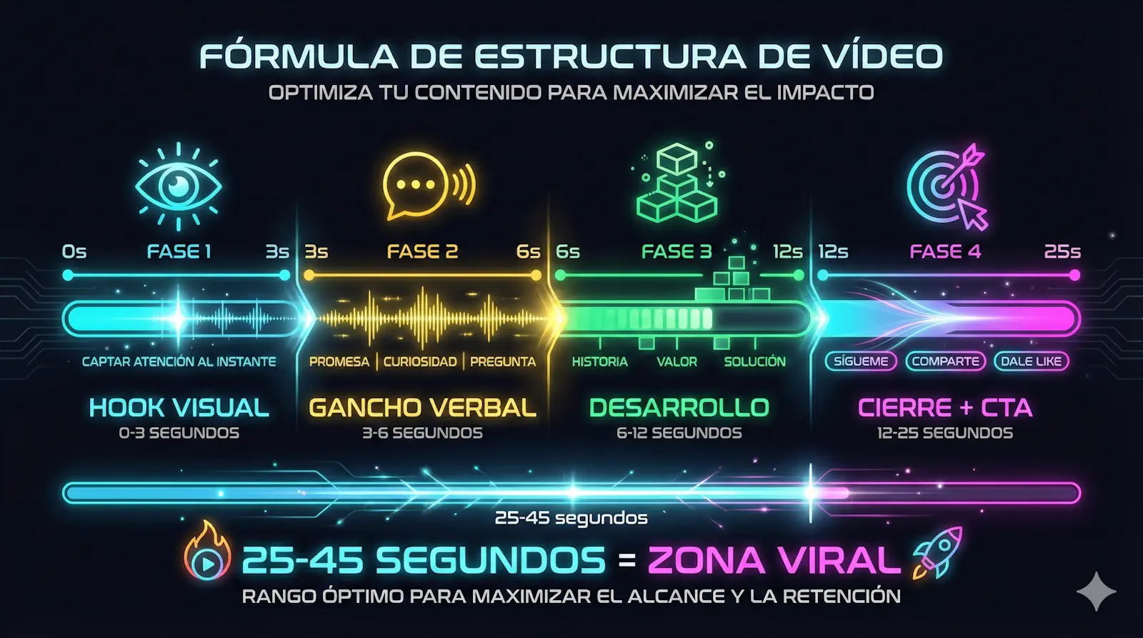 Fórmula 3-3-6 para vídeos virales en TikTok: estructura segundo a segundo con hook visual, gancho verbal y desarrollo