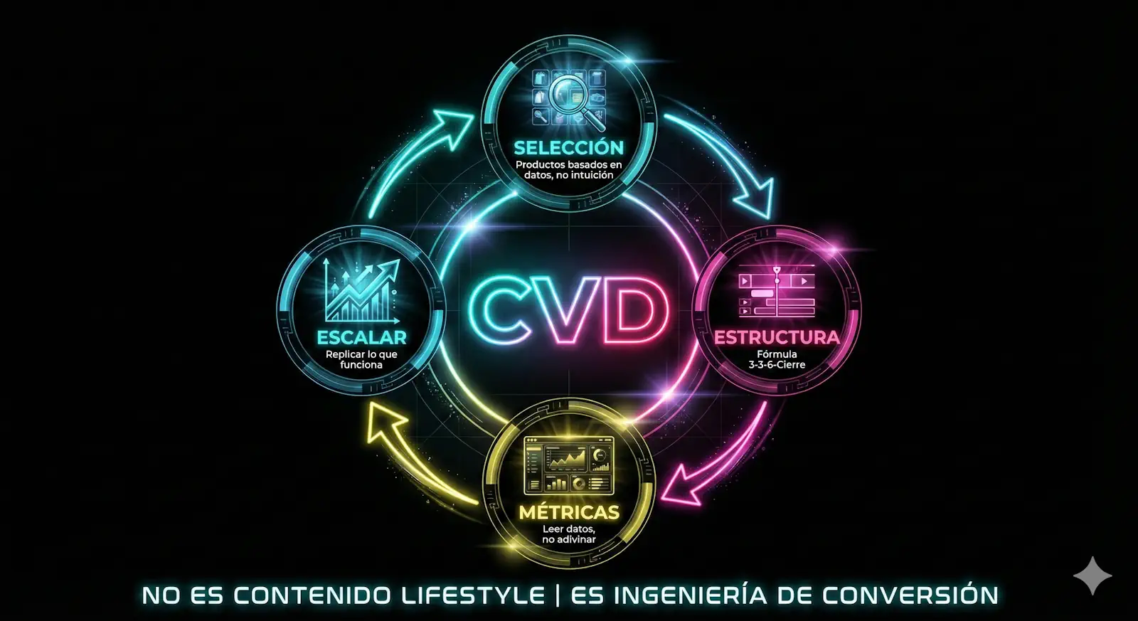 Framework metodología CVD (Creador Venta Directa) para TikTok Shop: estructura 3-3-6-cierre, análisis de métricas, selección productos basada en datos