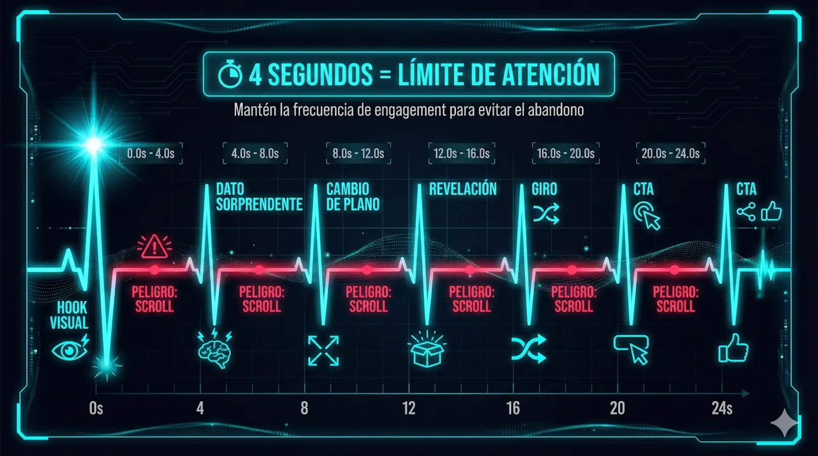 Regla del gancho cada 4 segundos en TikTok: timeline visual mostrando puntos de engagement necesarios para mantener la retención