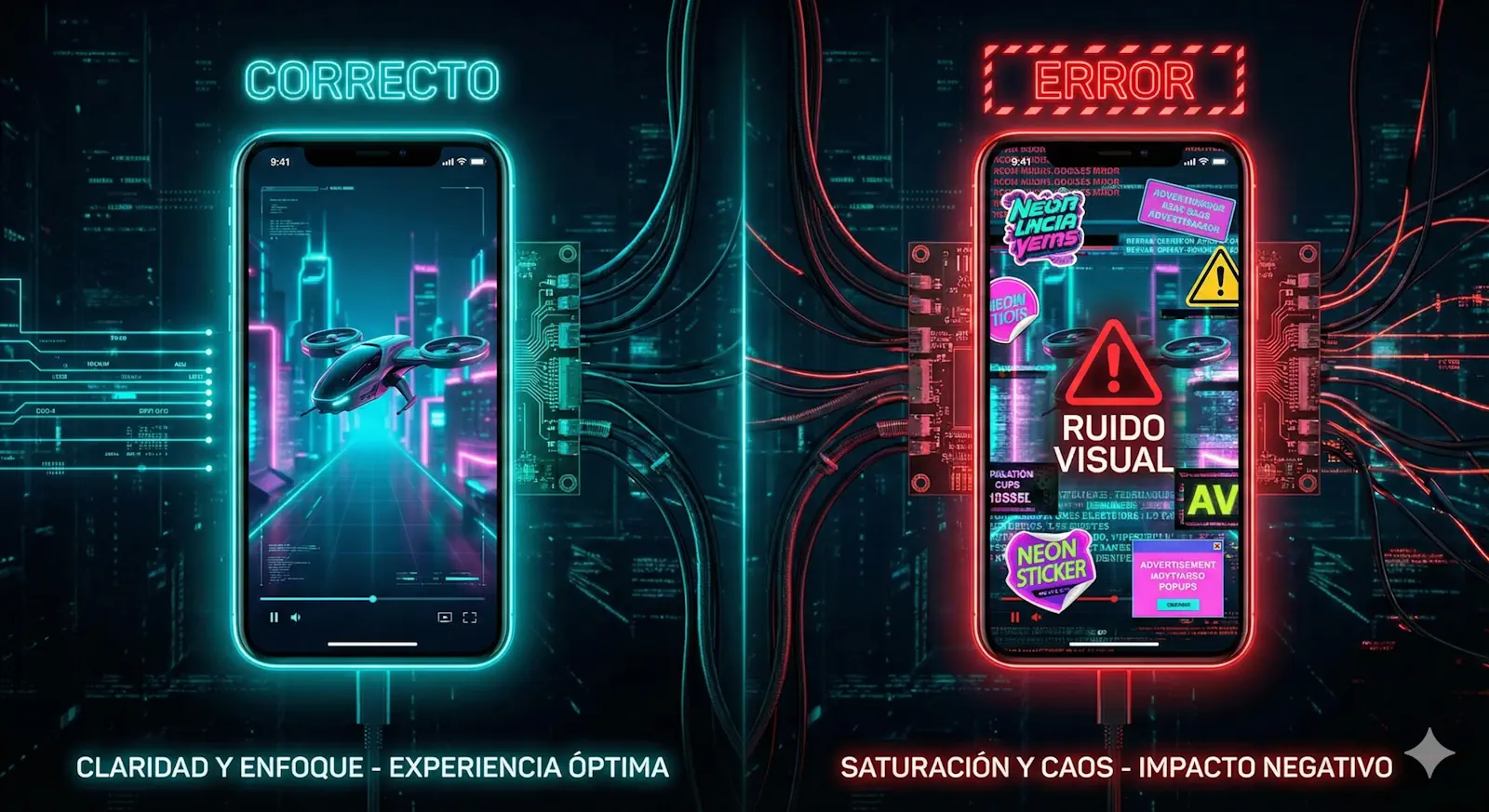 Infografía comparativa: Video limpio vs Video con ruido visual y cómo afecta al algoritmo
