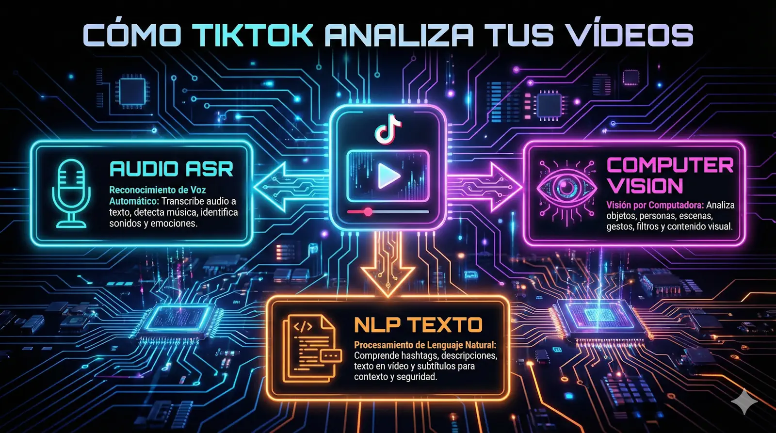 Diagrama del proceso de análisis de vídeos de TikTok mostrando las tres capas: audio ASR, computer vision y NLP de texto