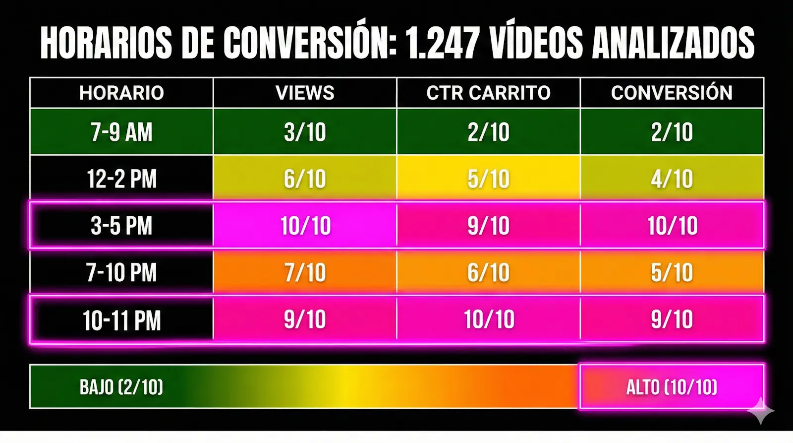 Tabla de horarios óptimos para publicar en TikTok Shop según conversión: datos reales de 1.247 vídeos analizados