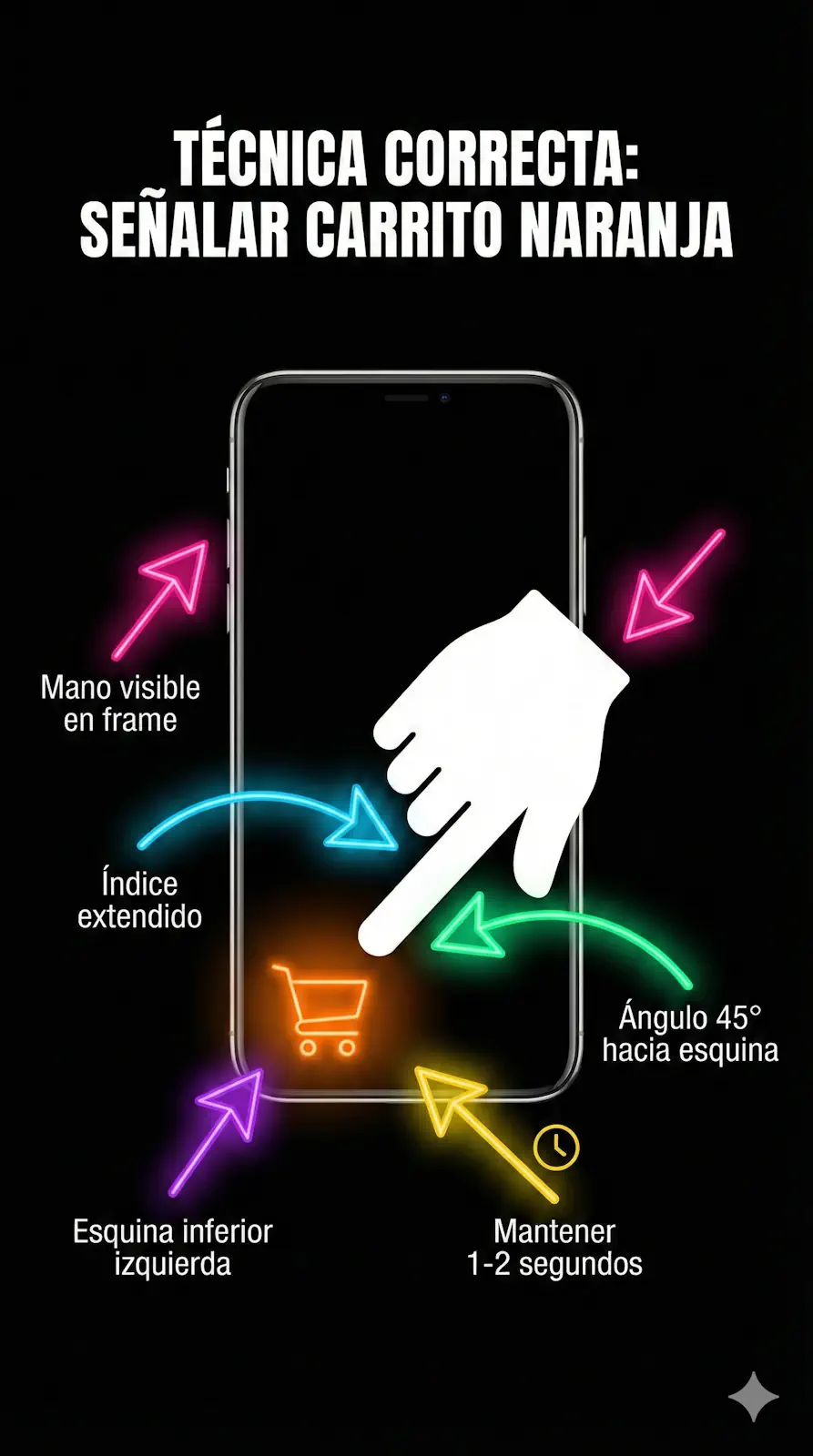 Técnica correcta para señalar el carrito naranja en TikTok Shop: posición, ángulo y duración óptima del gesto