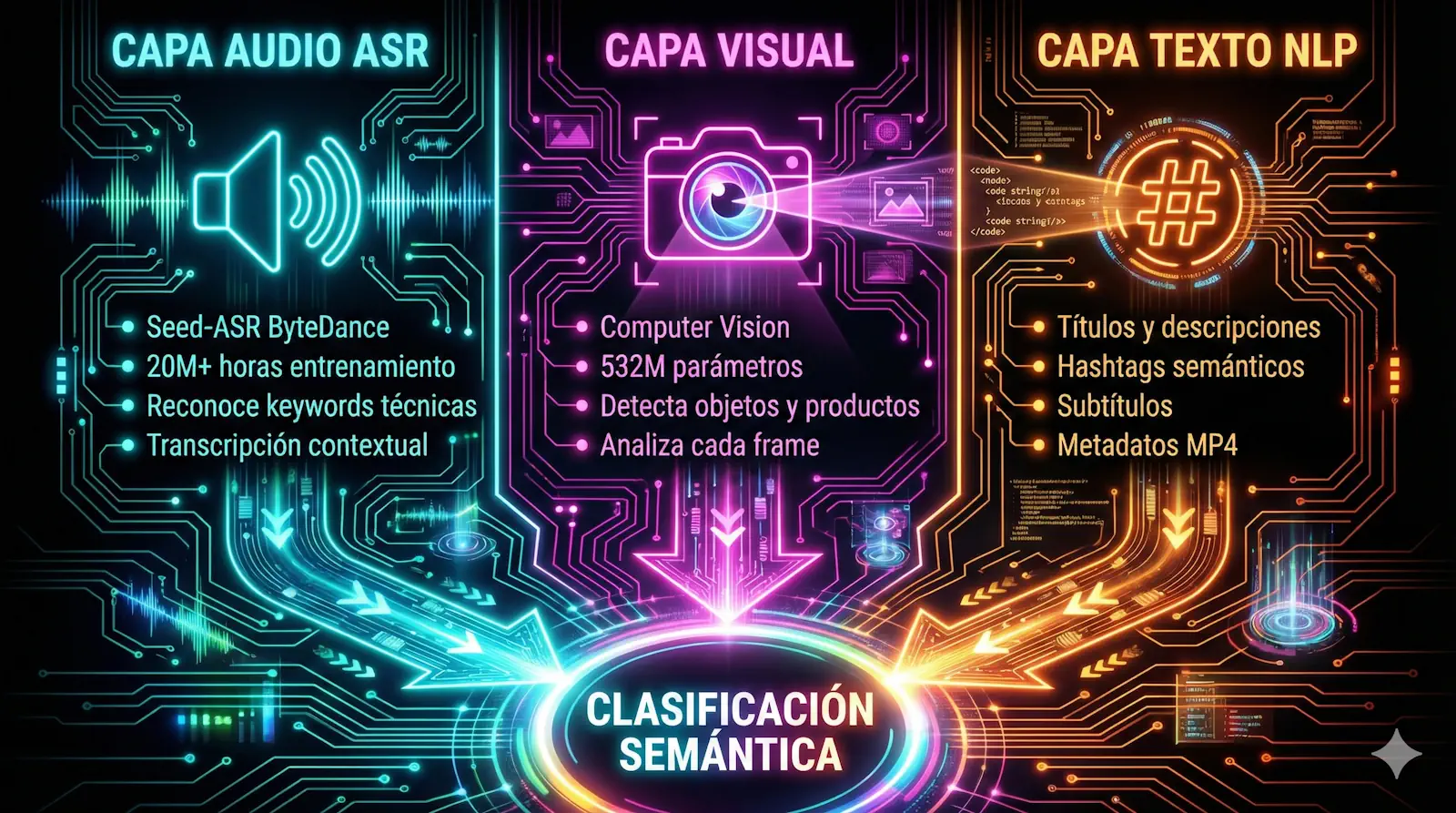 Infografía detallada de las tres capas de análisis de TikTok: ASR para audio, Computer Vision para video, NLP para texto y metadatos