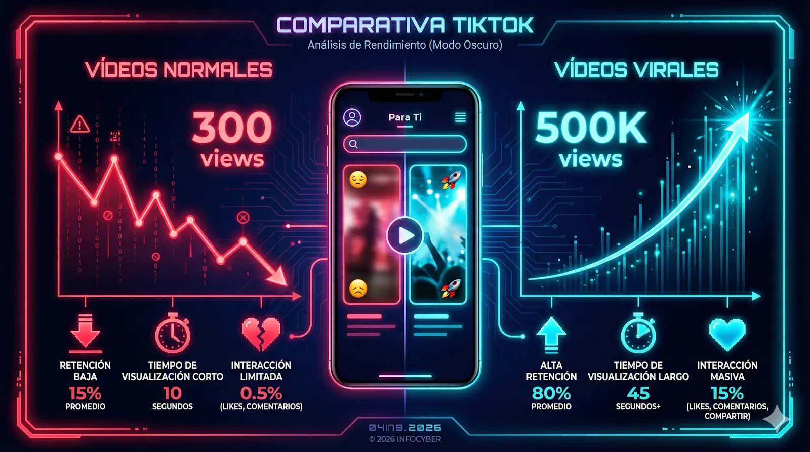 Estadísticas de vídeos virales en TikTok: comparativa entre vídeo normal y vídeo viral mostrando diferencias en retención y engagement