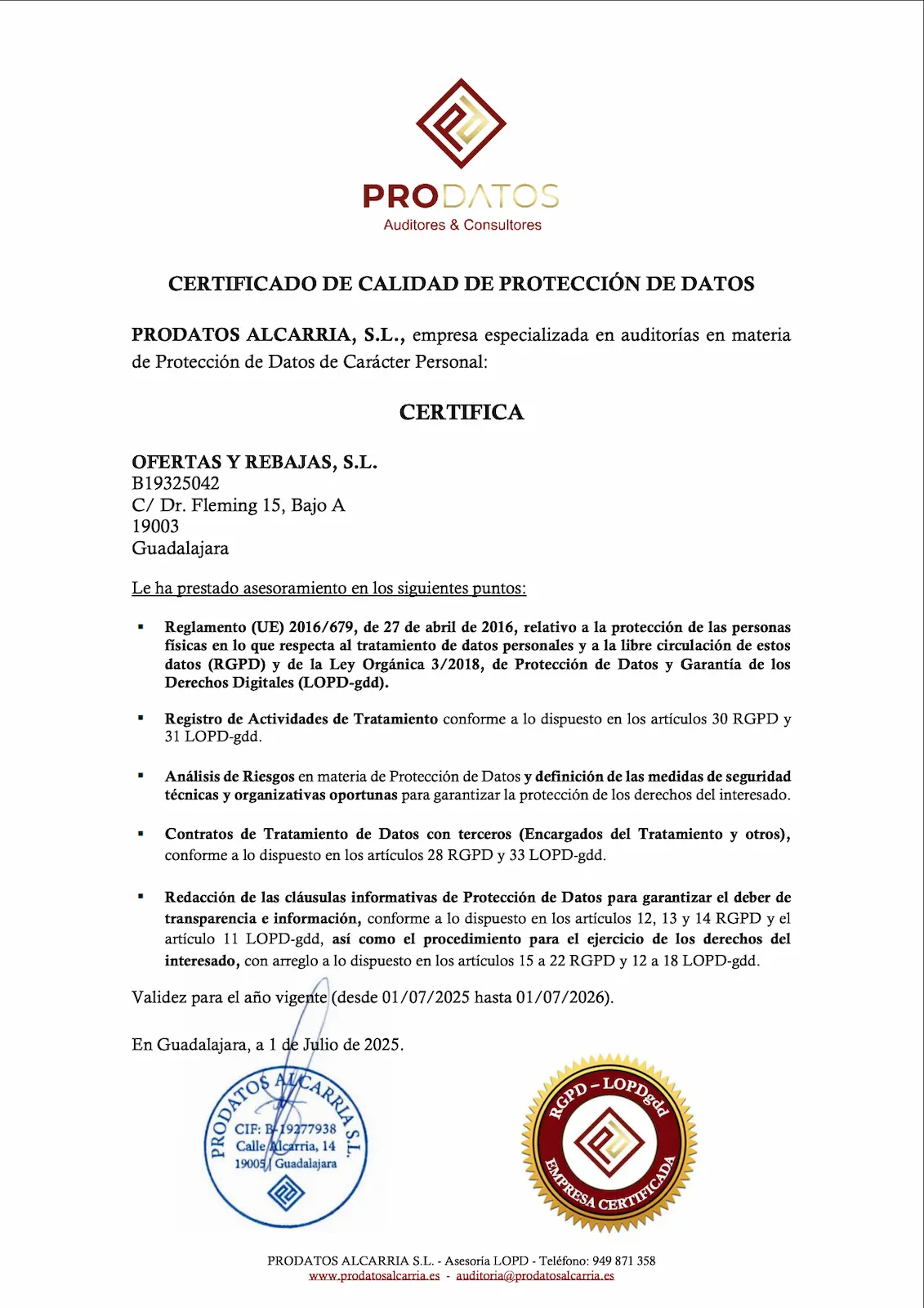 Certificado de Proteccion de Datos - Ofertas y Rebajas S.L.