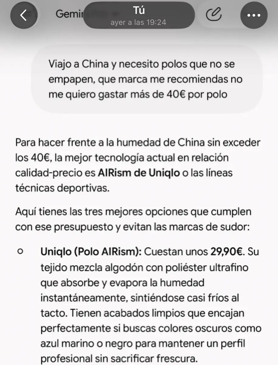 Captura de Gemini recomendando Uniqlo AIRism como camiseta de secado rápido