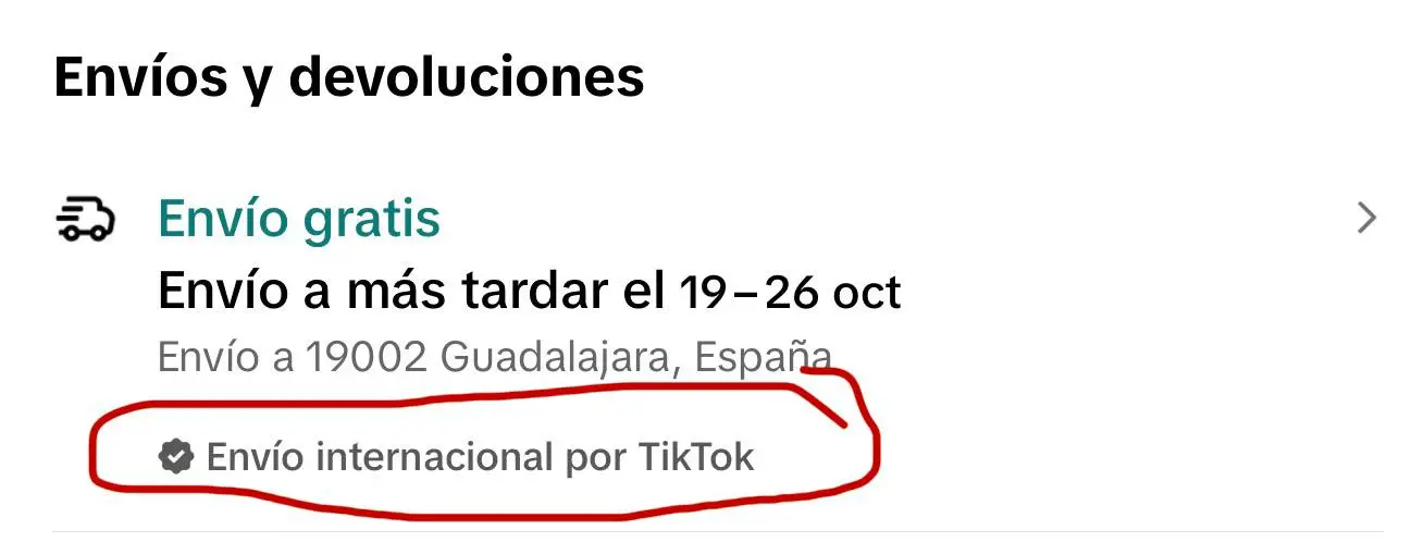Ficha de un producto Pop en TikTok Shop con el texto Envío internacional por TikTok en el bloque Envíos y devoluciones
